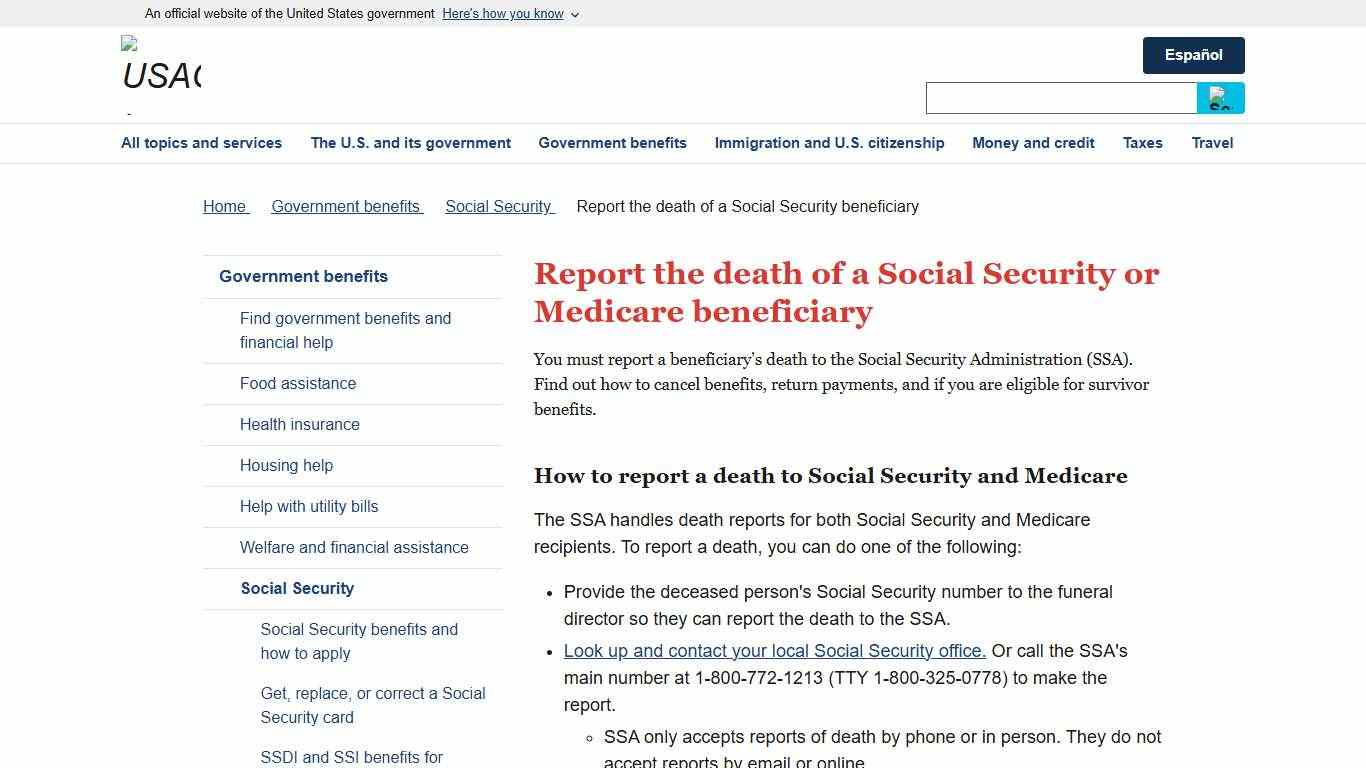 Report the death of a Social Security or Medicare beneficiary USAGov
